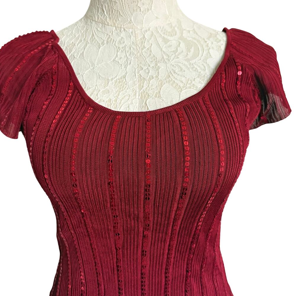 VTG Laundry Shelli Segal Burgundy Sequin Ribbed Knit Top M Y2K 90s ElevatedBasic